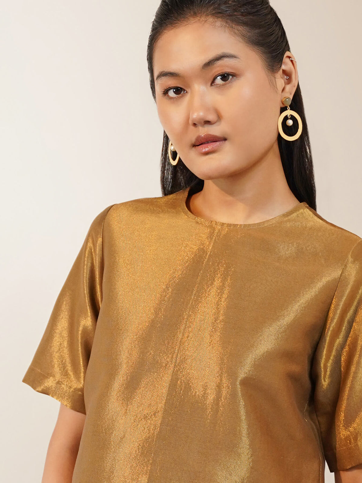 Viscose Silk Solid Boxy Fit Blouse - Gold