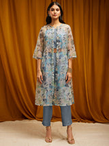 Floral Print Organza Kurta Set - Light Blue