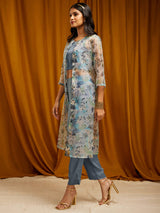 Floral Print Organza Kurta Set - Light Blue