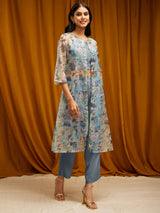 Floral Print Organza Kurta Set - Light Blue
