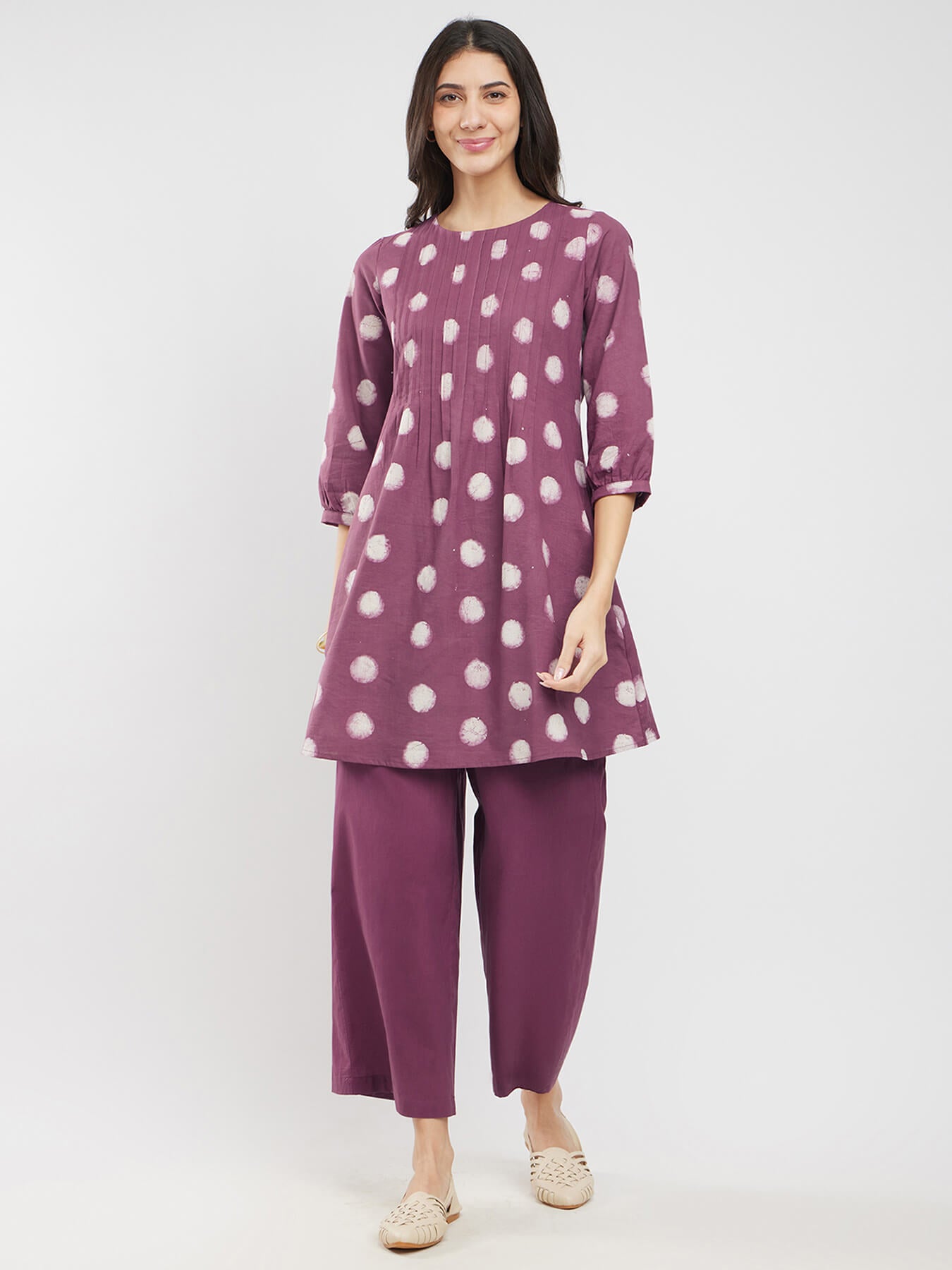 Cotton Dabu Polka Pintuck Co-ord Set - Burgundy