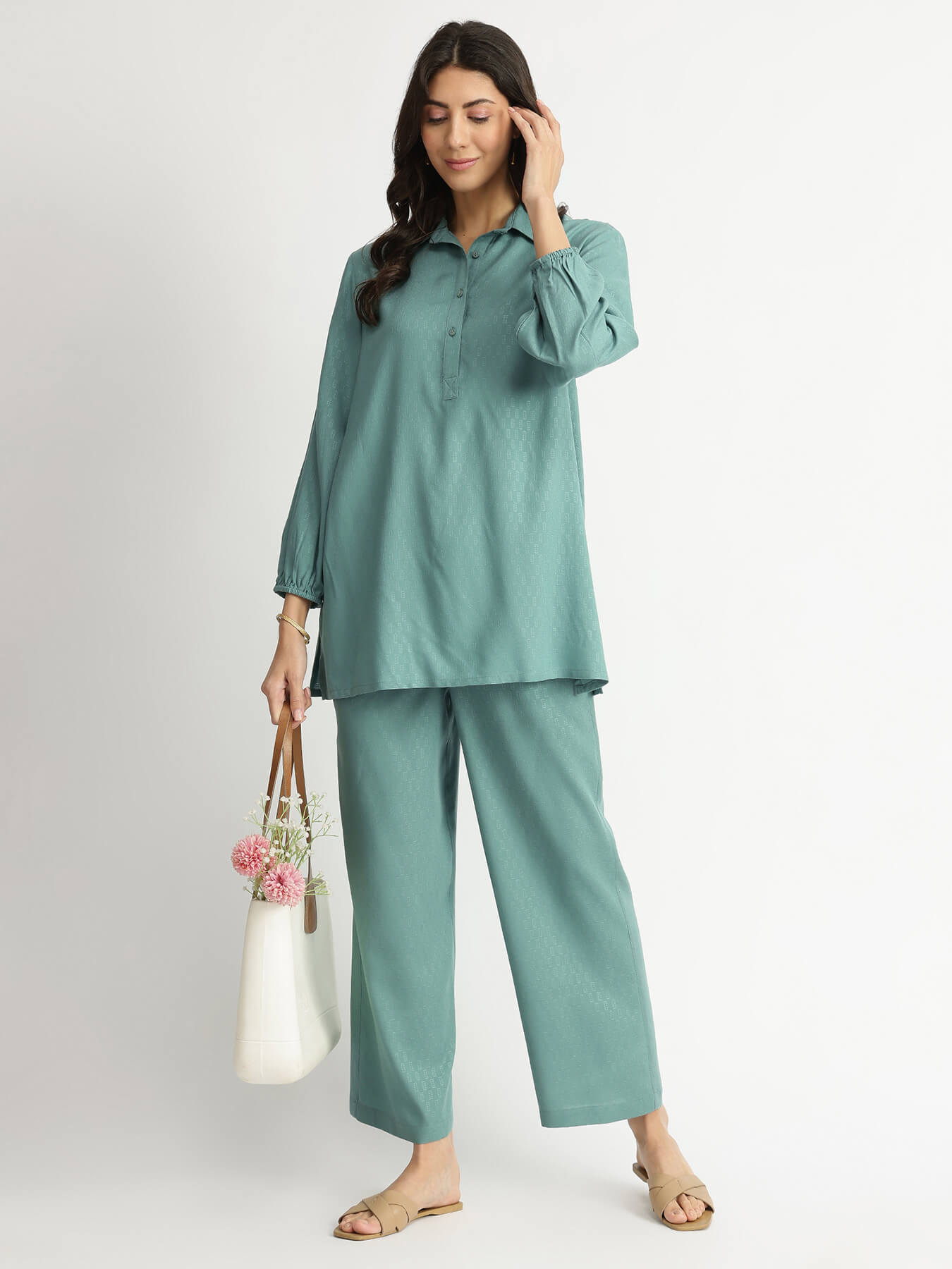 Soft Textured Rayon Solid Co-ord Set - Teal