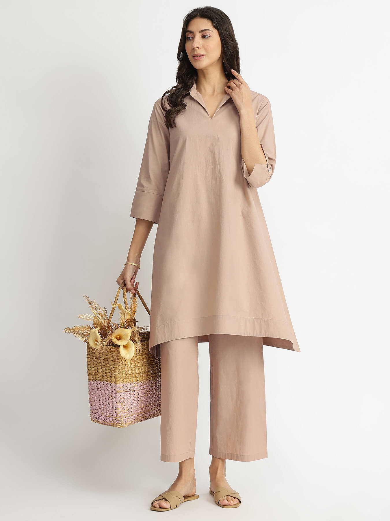 Air Loom Cotton Poplin Solid Co-ord Set - Beige