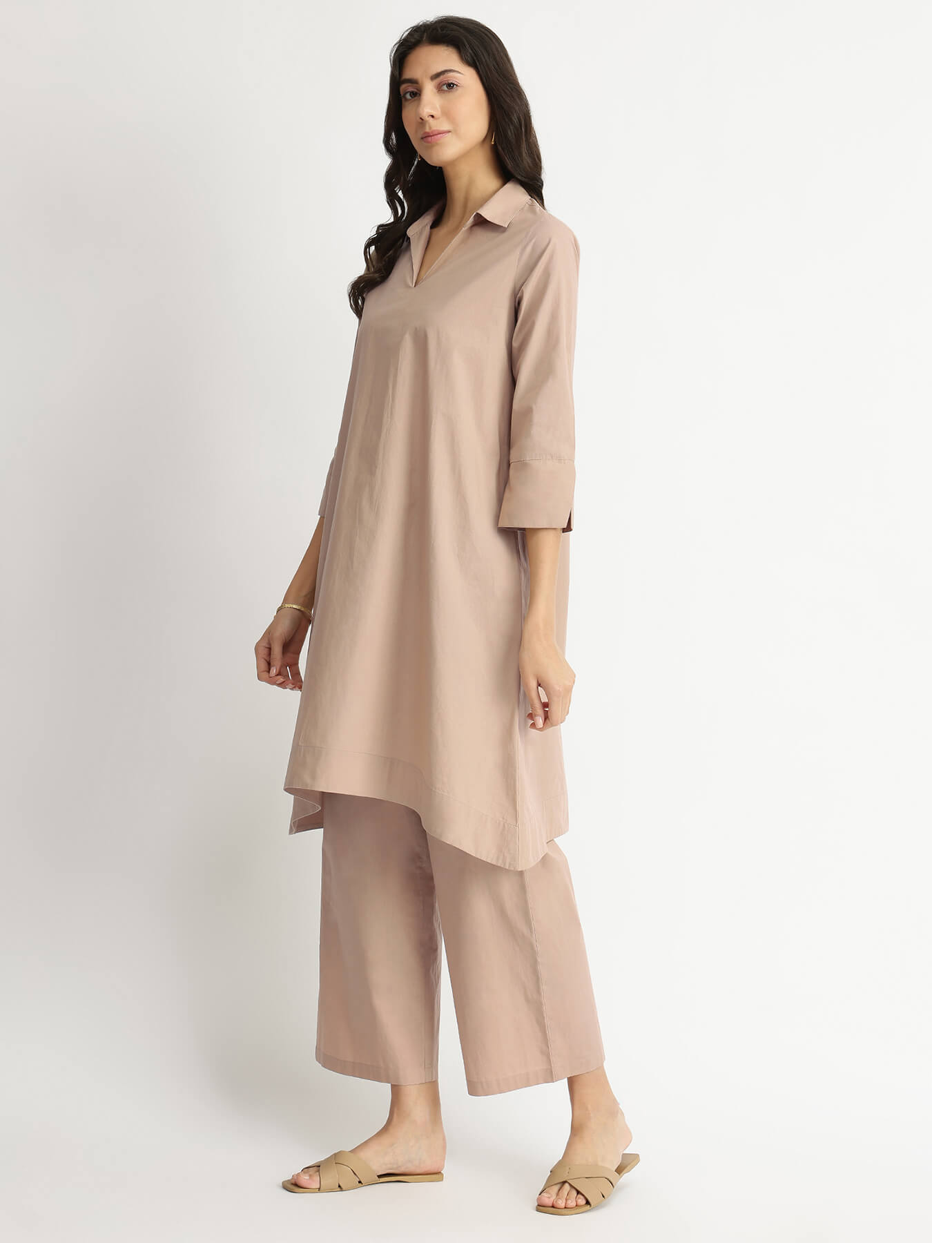 Air Loom Cotton Poplin Solid Co-ord Set - Beige