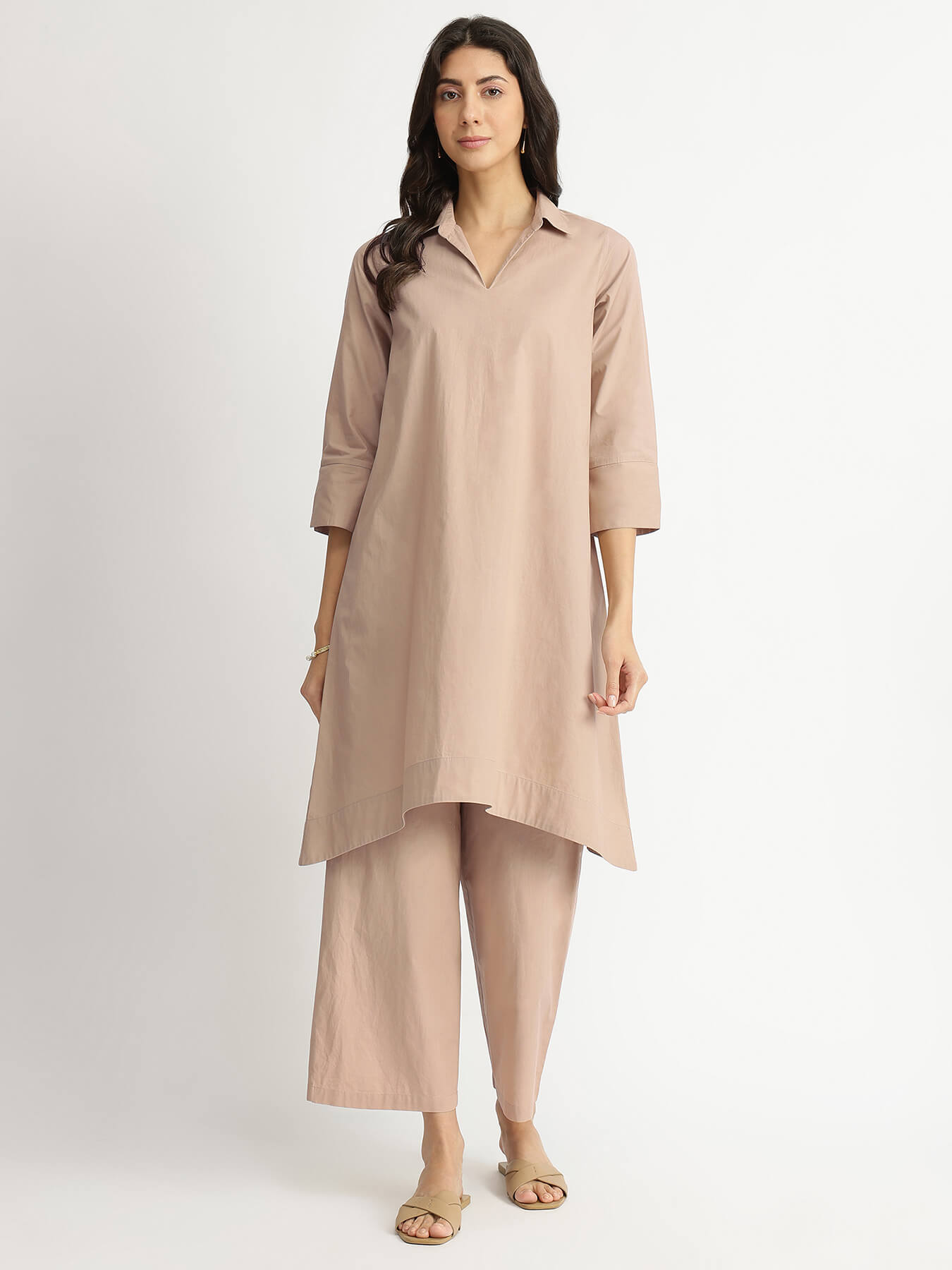 Air Loom Cotton Poplin Solid Co-ord Set - Beige