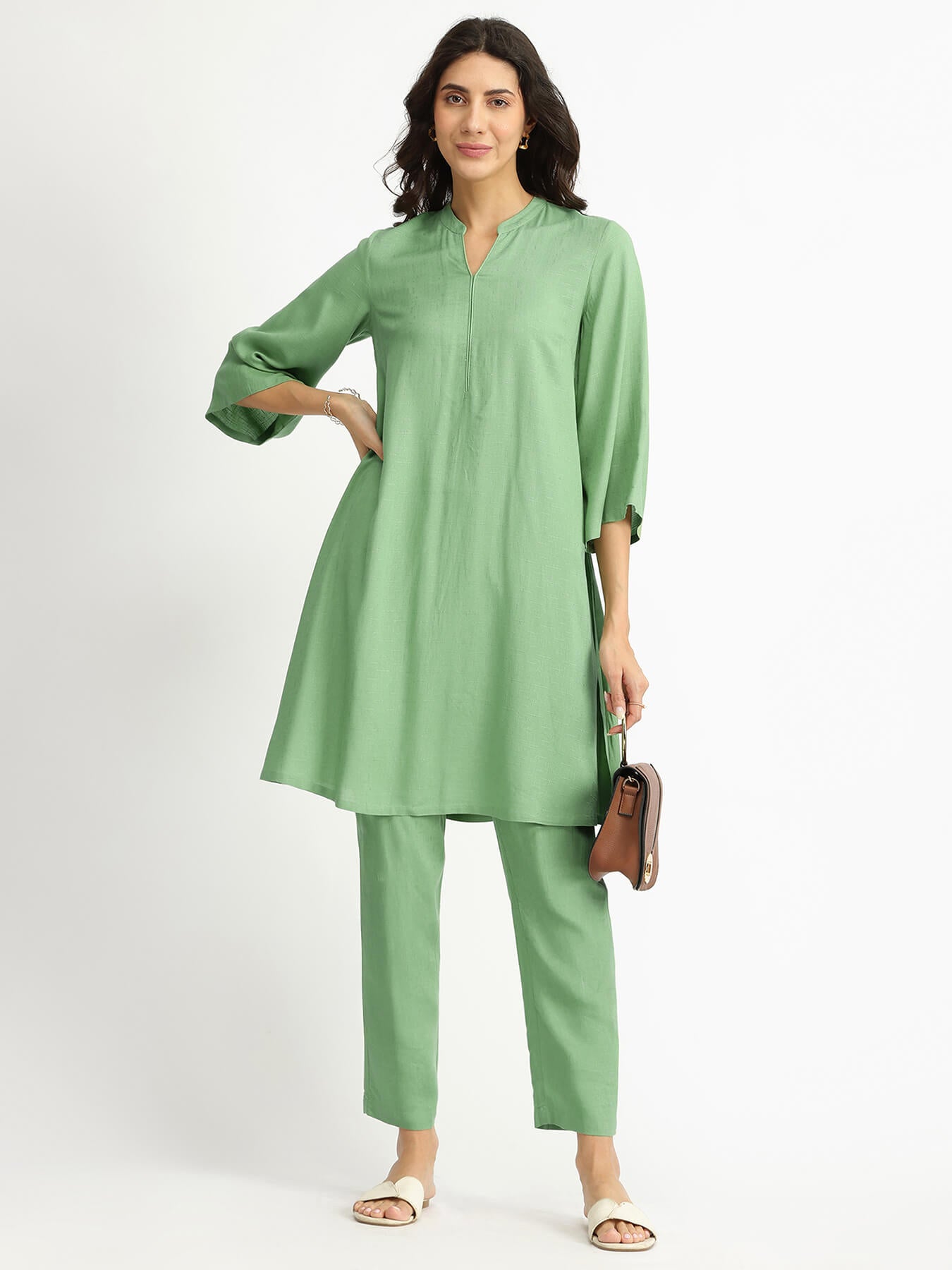 Soft Textured Rayon Solid Co-ord Set - Green