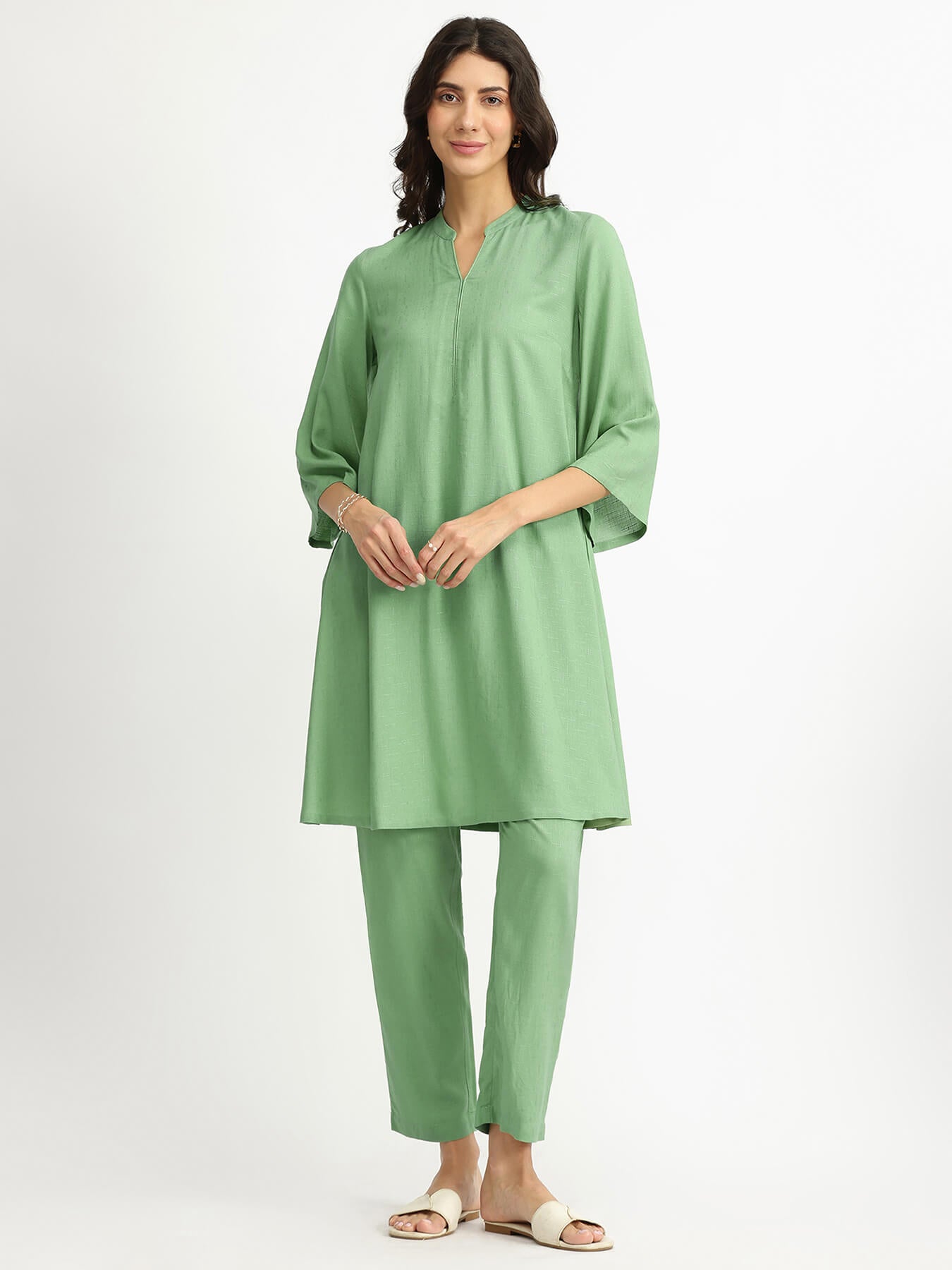 Soft Textured Rayon Solid Co-ord Set - Green