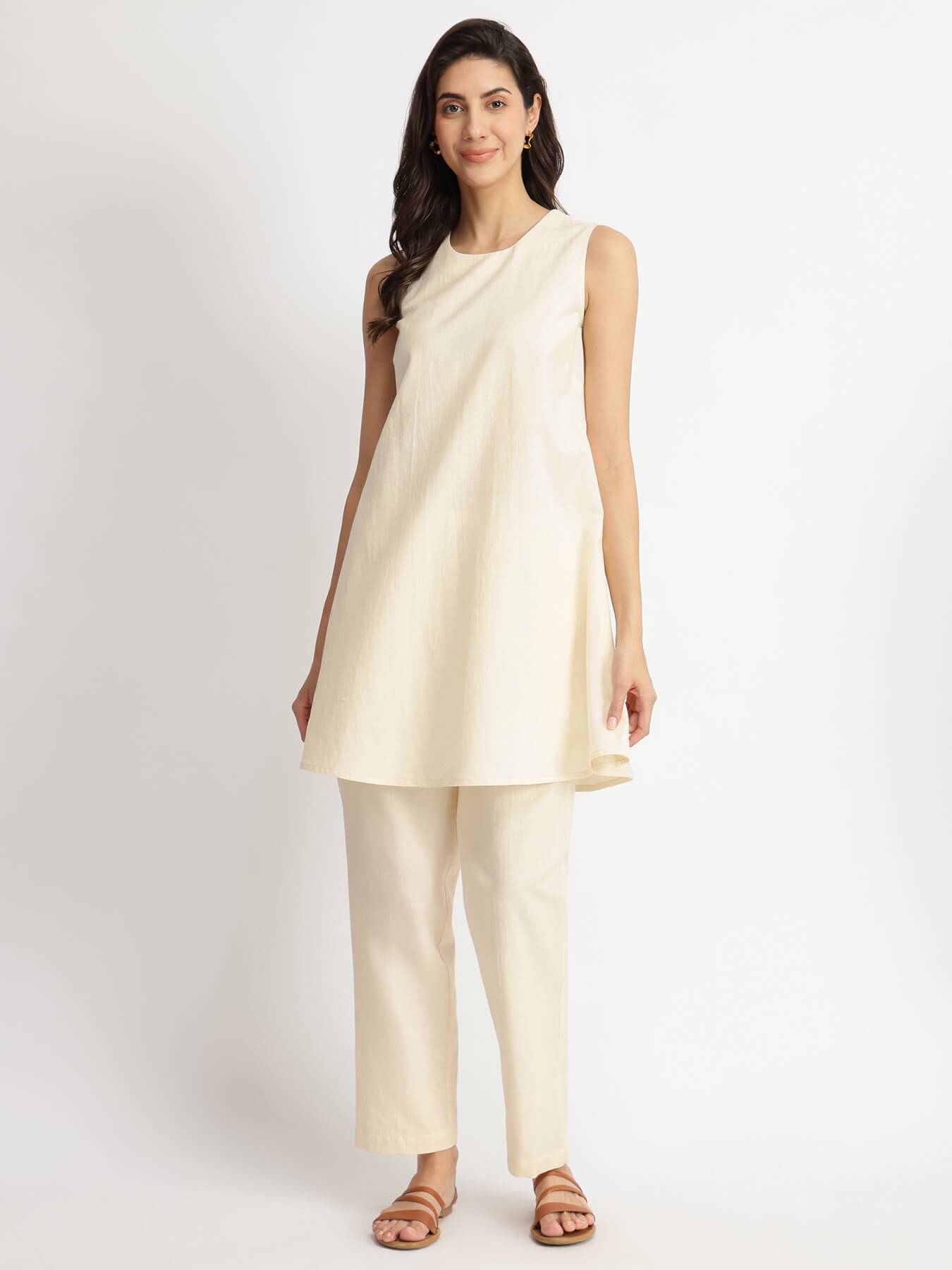 Linen Blend Solid Co-ord Set - Off-White