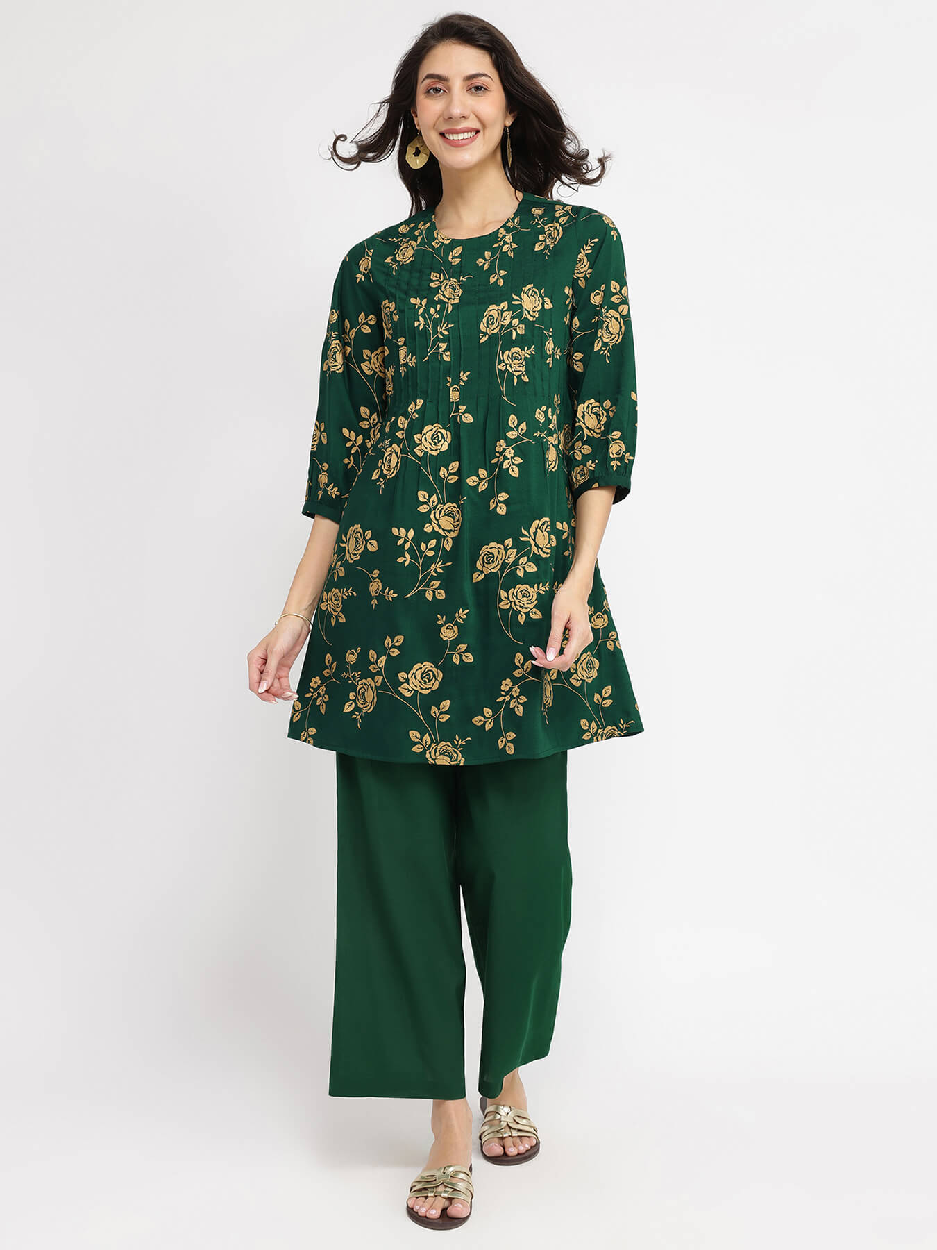 Silk Blend Floral Co-ord Set - Green & Gold