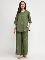 Cotton Geometric Print Co-ord Set - Olive