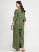 Cotton Geometric Print Co-ord Set - Olive