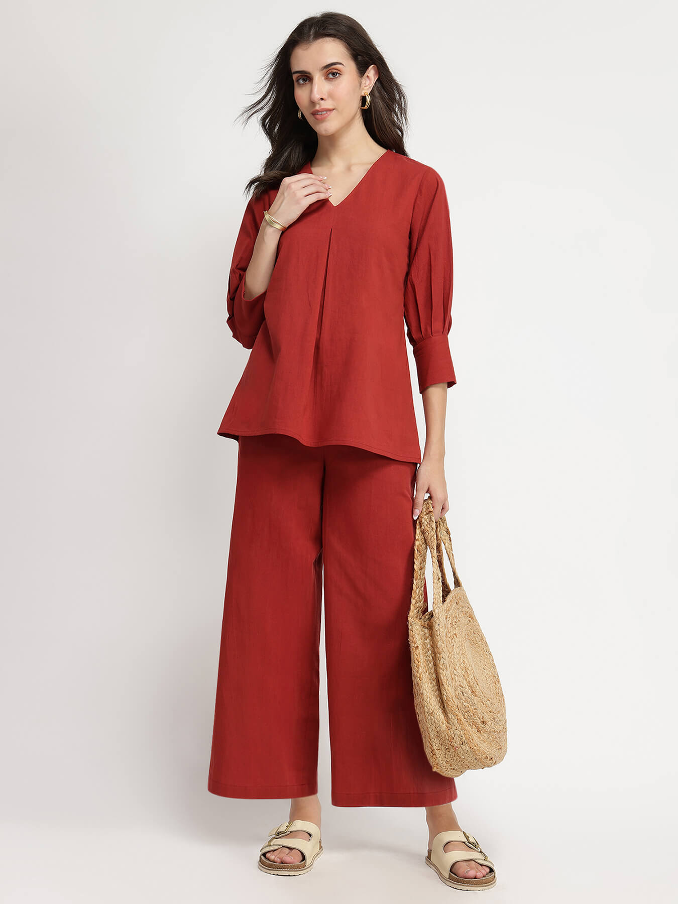 Linen Blend Solid Co-ord Set - Red