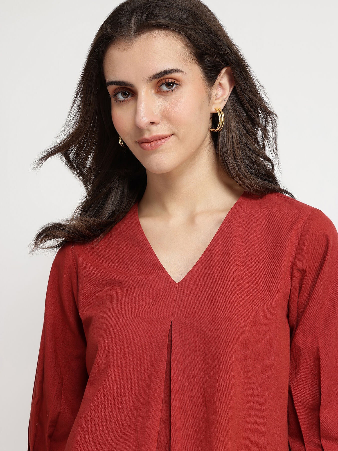 Linen Blend Solid Co-ord Set - Red