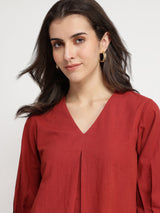 Linen Blend Solid Co-ord Set - Red