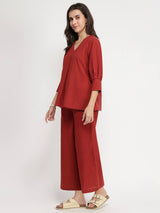 Linen Blend Solid Co-ord Set - Red