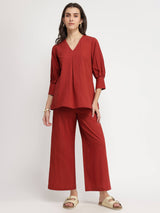 Linen Blend Solid Co-ord Set - Red