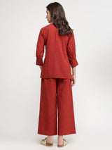 Linen Blend Solid Co-ord Set - Red