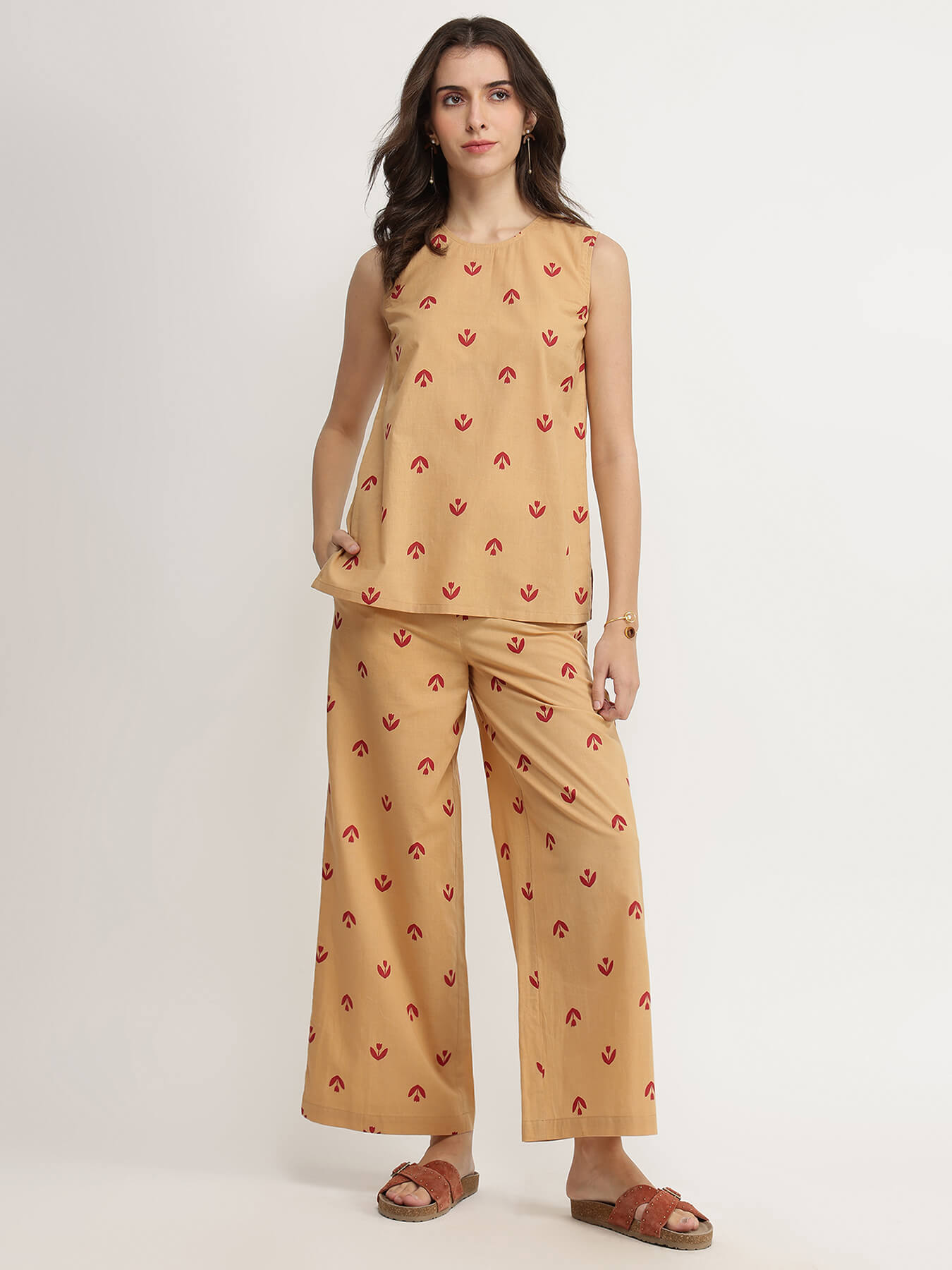 Cotton Floral Co-ord Set - Beige & Red