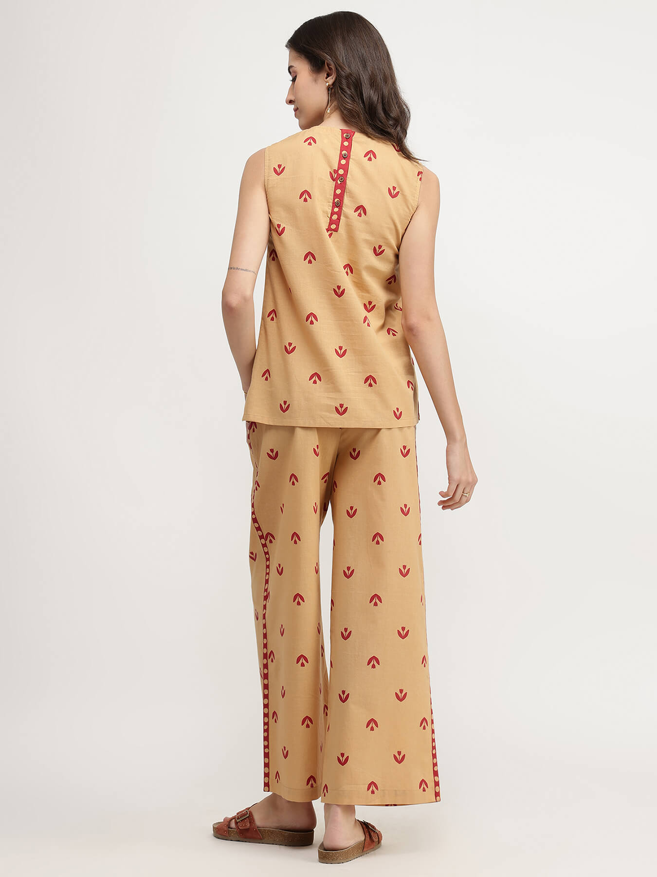 Cotton Floral Co-ord Set - Beige & Red