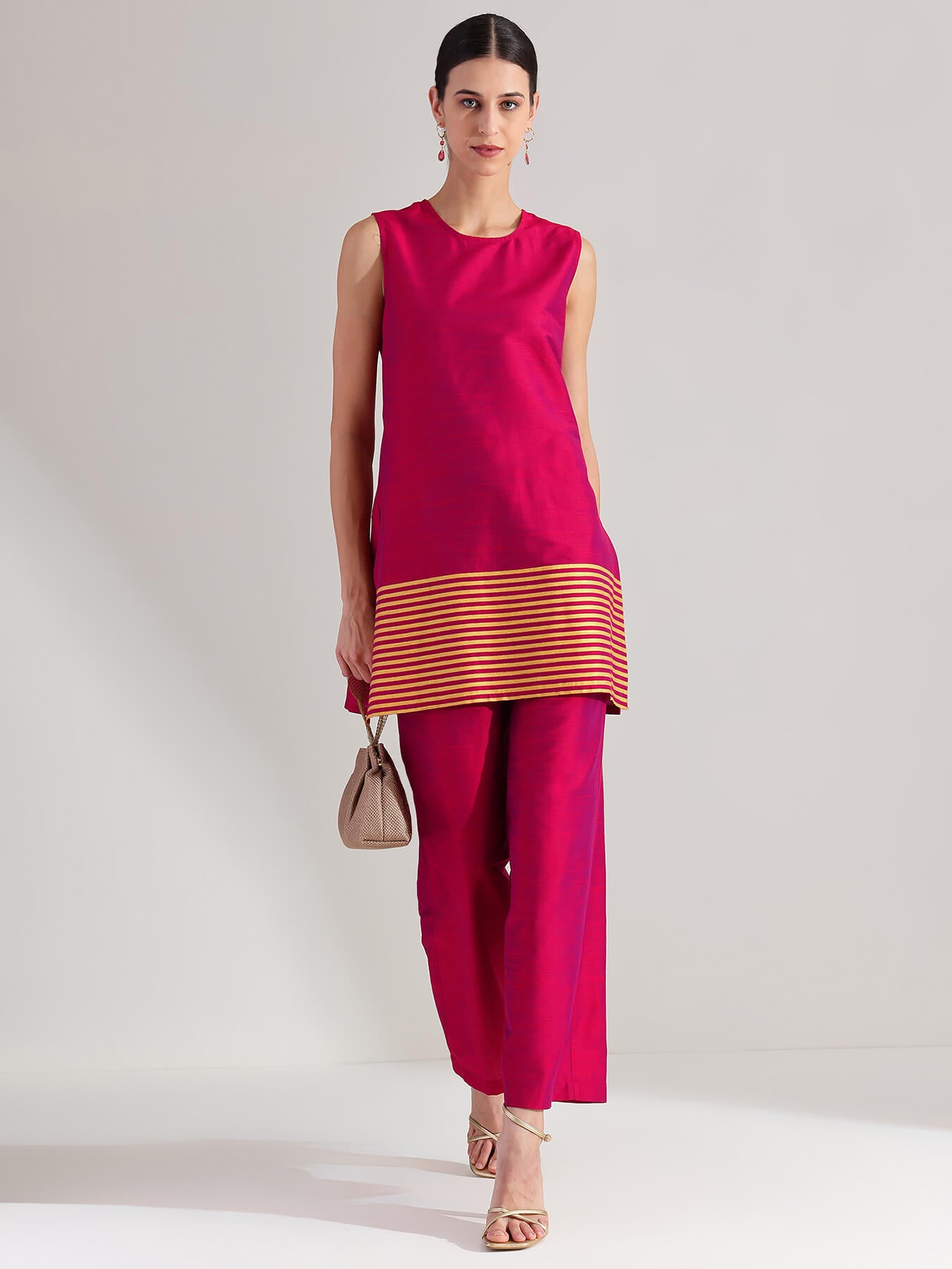 Viscose Silk Gold Striped Co-ord Set - Pink