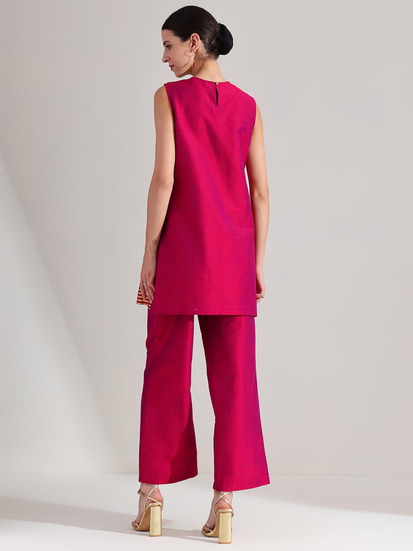 Viscose Silk Gold Striped Co-ord Set - Pink