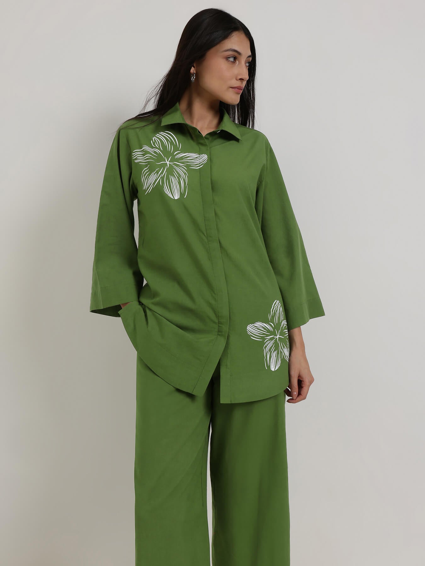 Cotton Placement Floral Co-Ord Set - Green