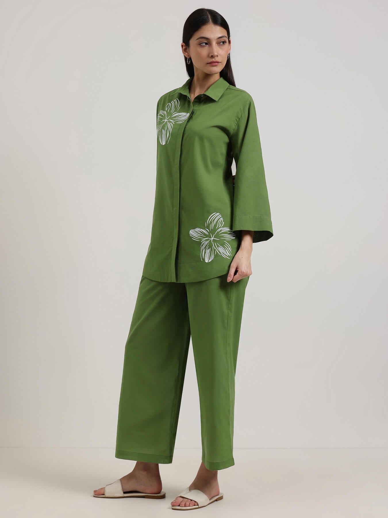 Cotton Placement Floral Co-Ord Set - Green