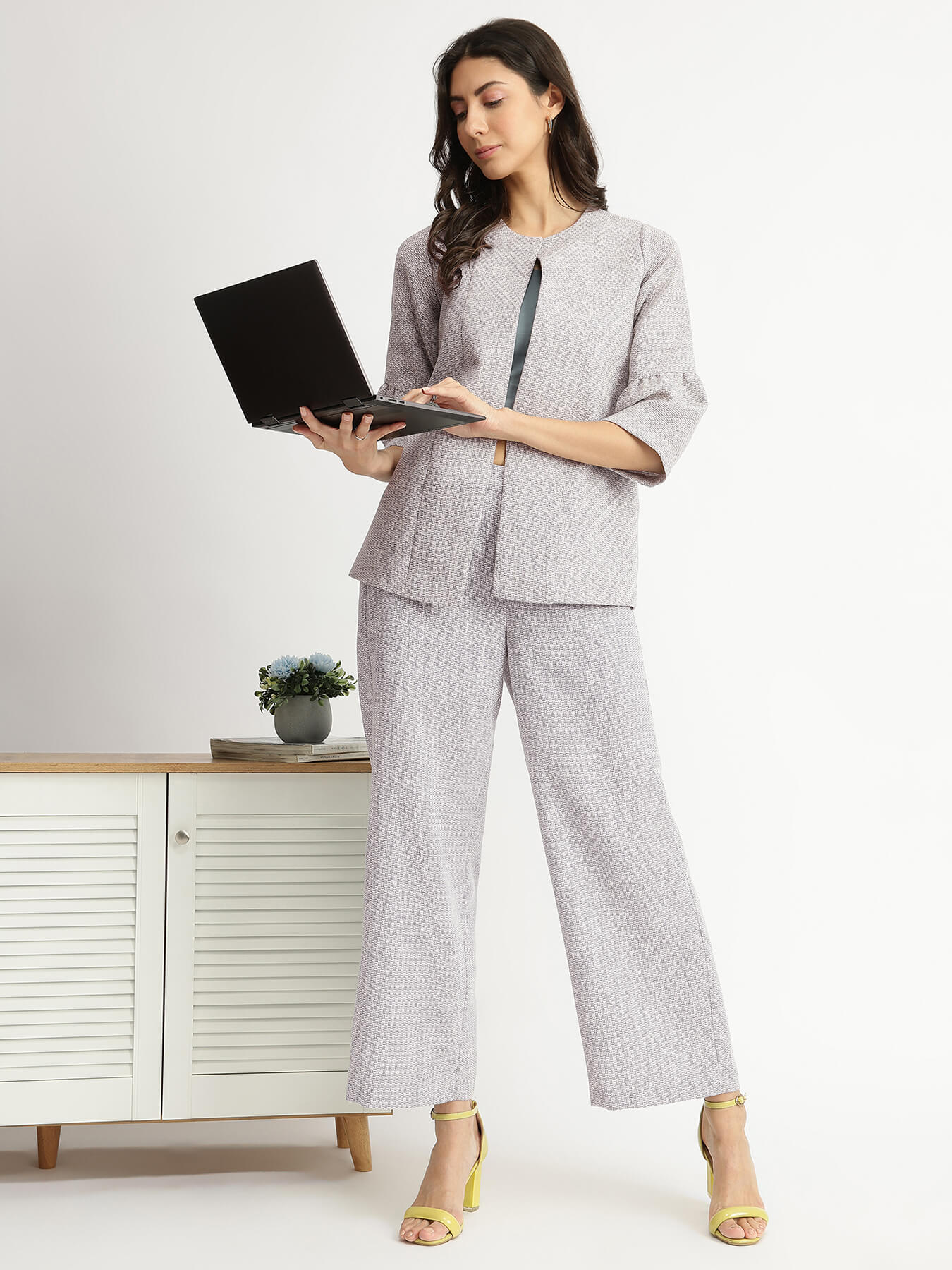 Cotton Woven Design Co-ord Set with Bralette - Grey