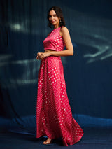 Satin Bandhani Skirt Set - Pink