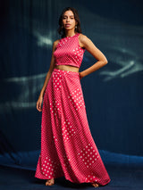 Satin Bandhani Skirt Set - Pink