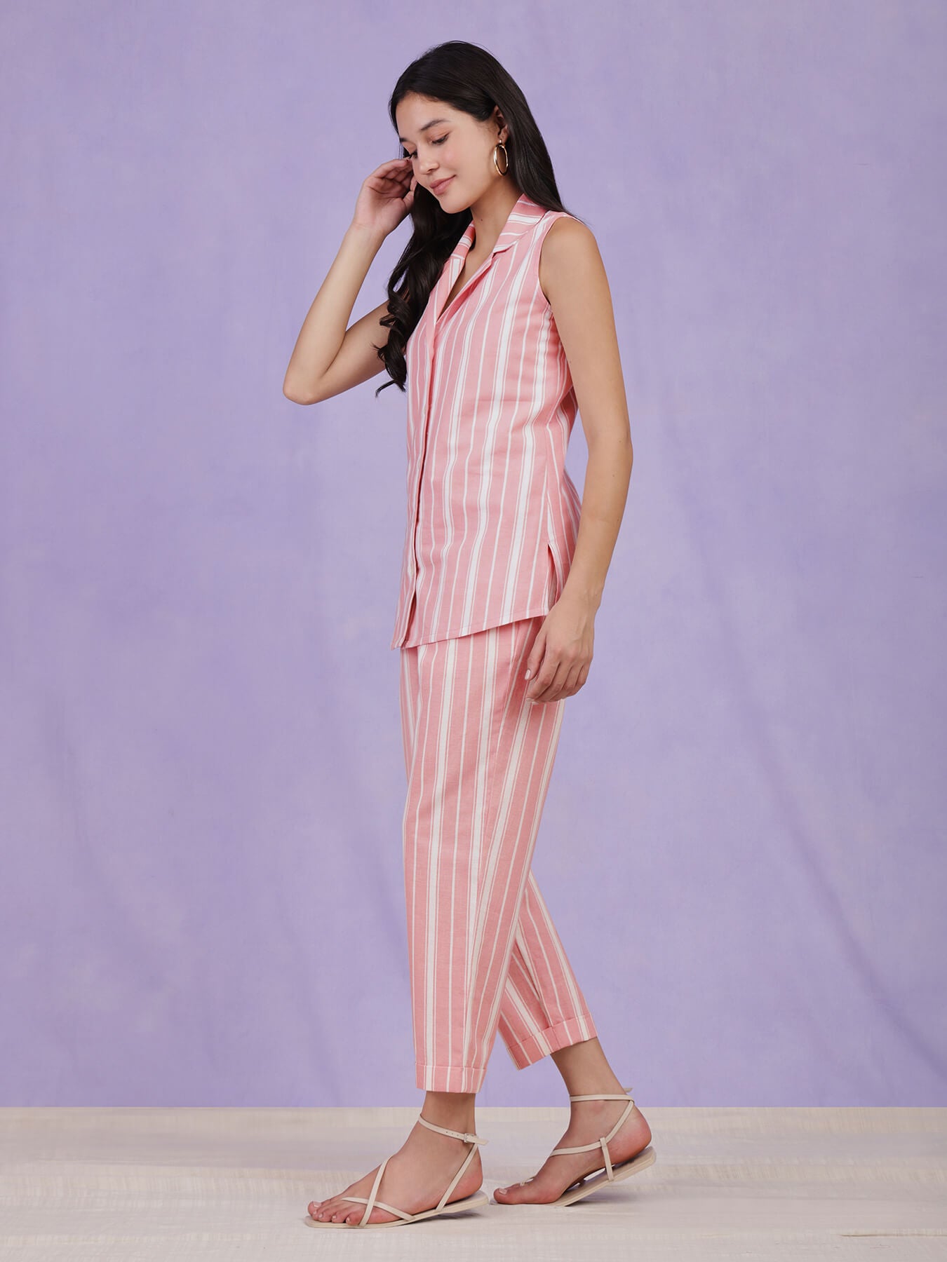 Cotton Striped Co-ord Set - Light Pink