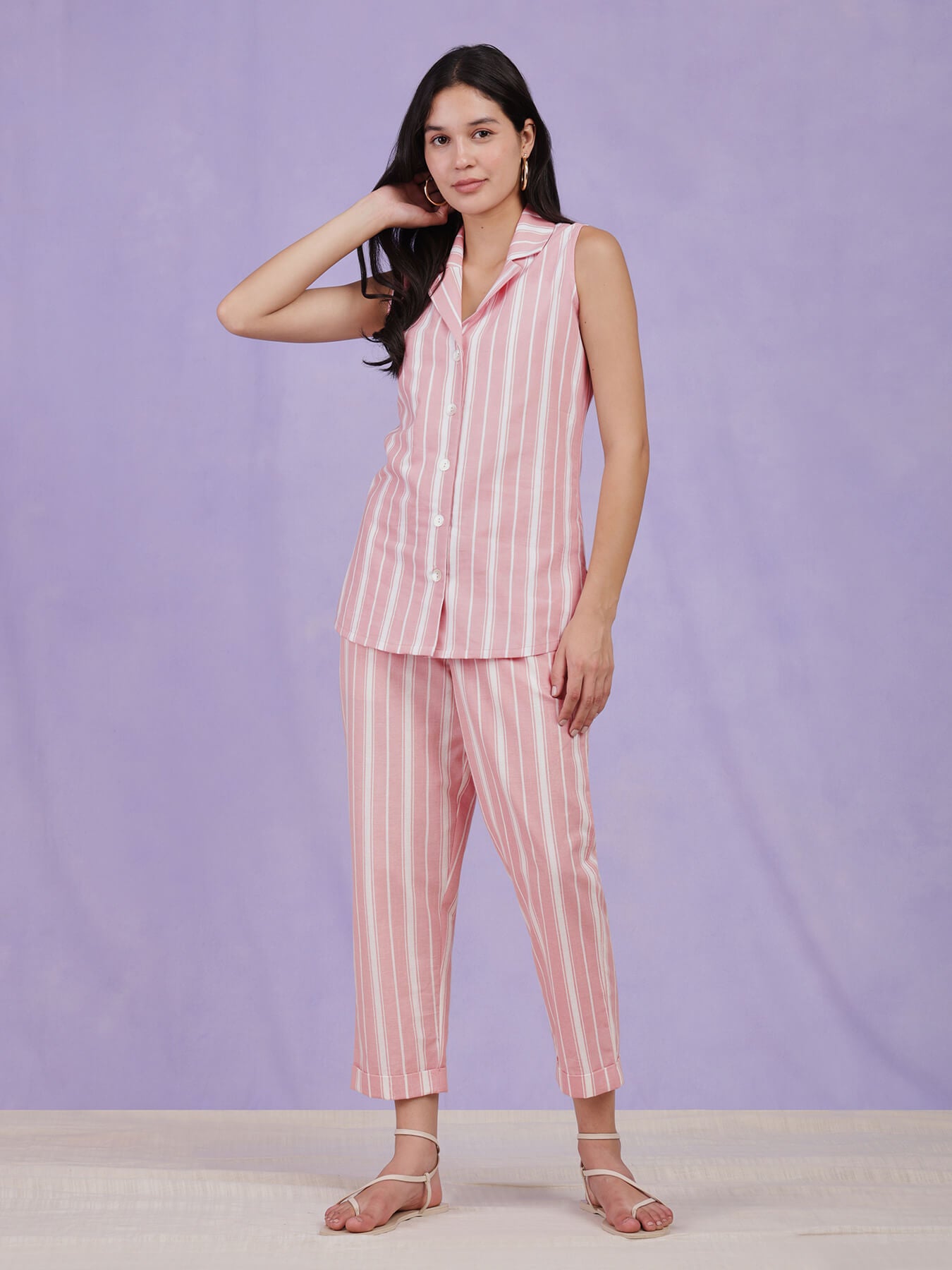 Cotton Striped Co-ord Set - Light Pink