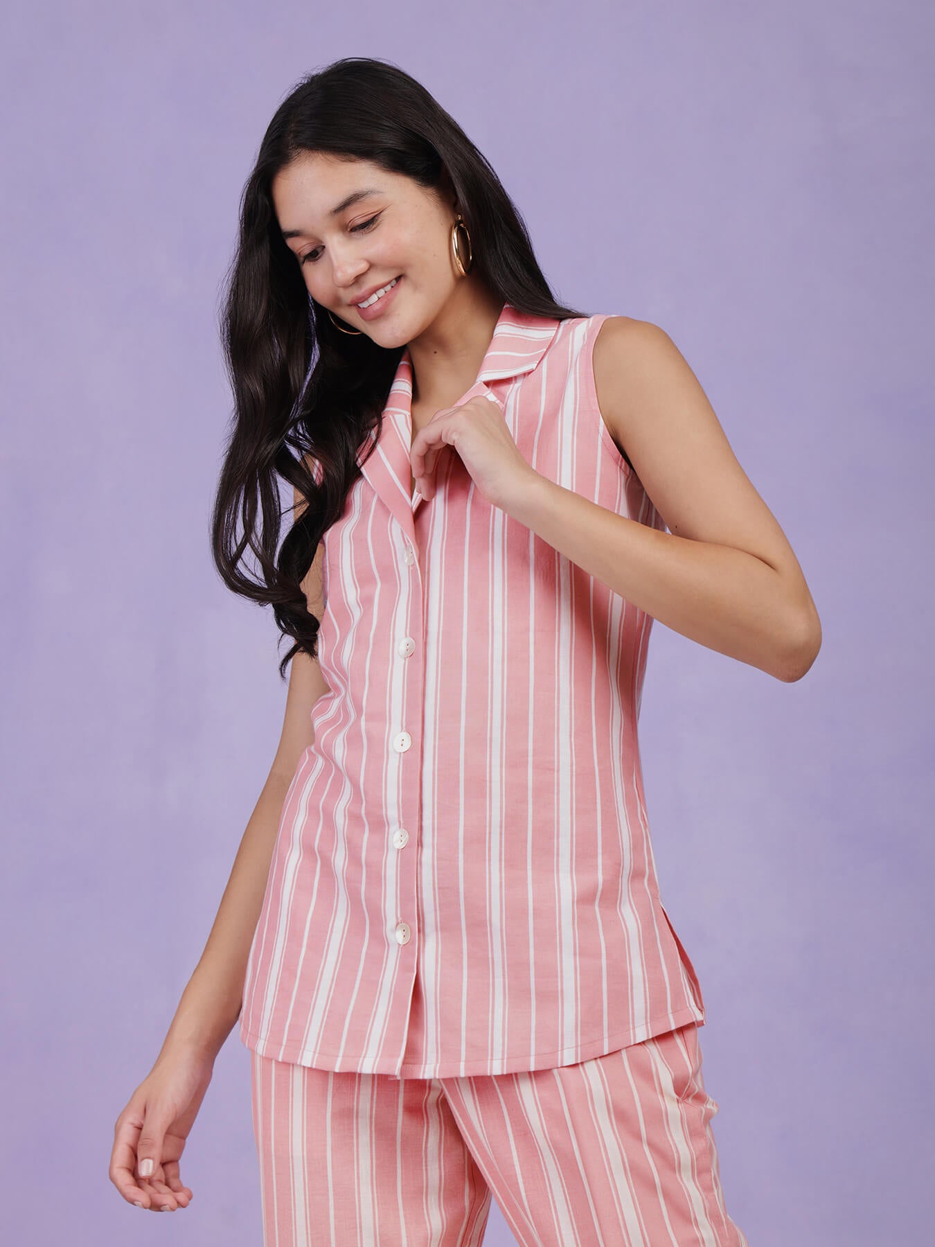 Cotton Striped Co-ord Set - Light Pink