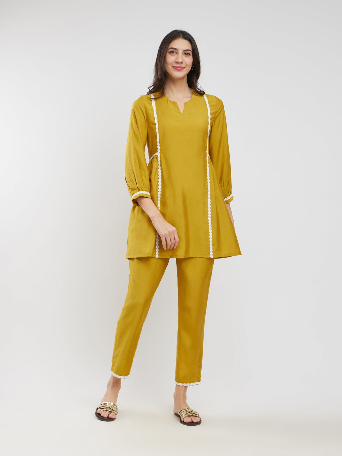 Rayon Solid Lace Detail Co-ord Set - Yellow