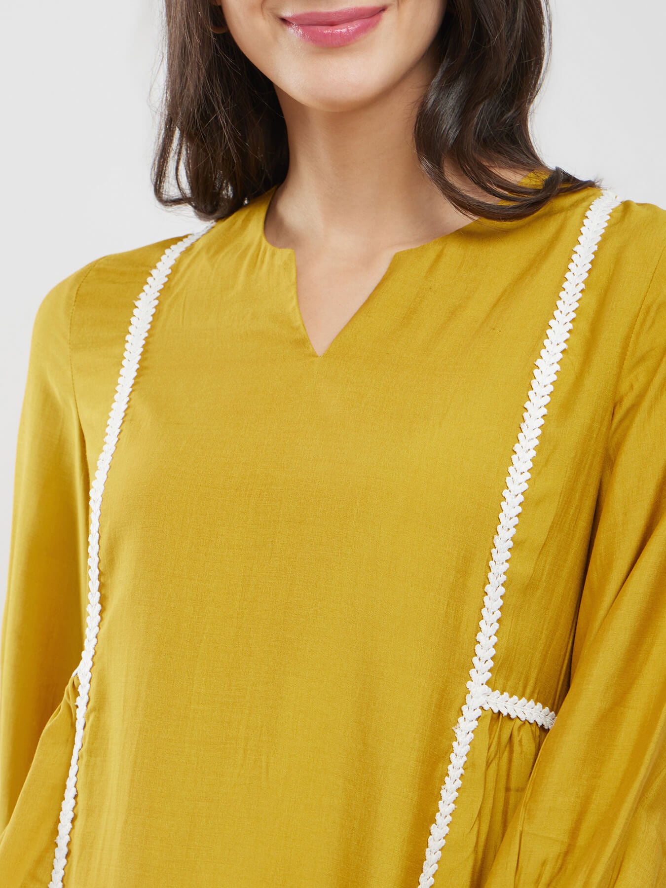 Rayon Solid Lace Detail Co-ord Set - Yellow