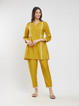 Rayon Solid Lace Detail Co-ord Set - Yellow