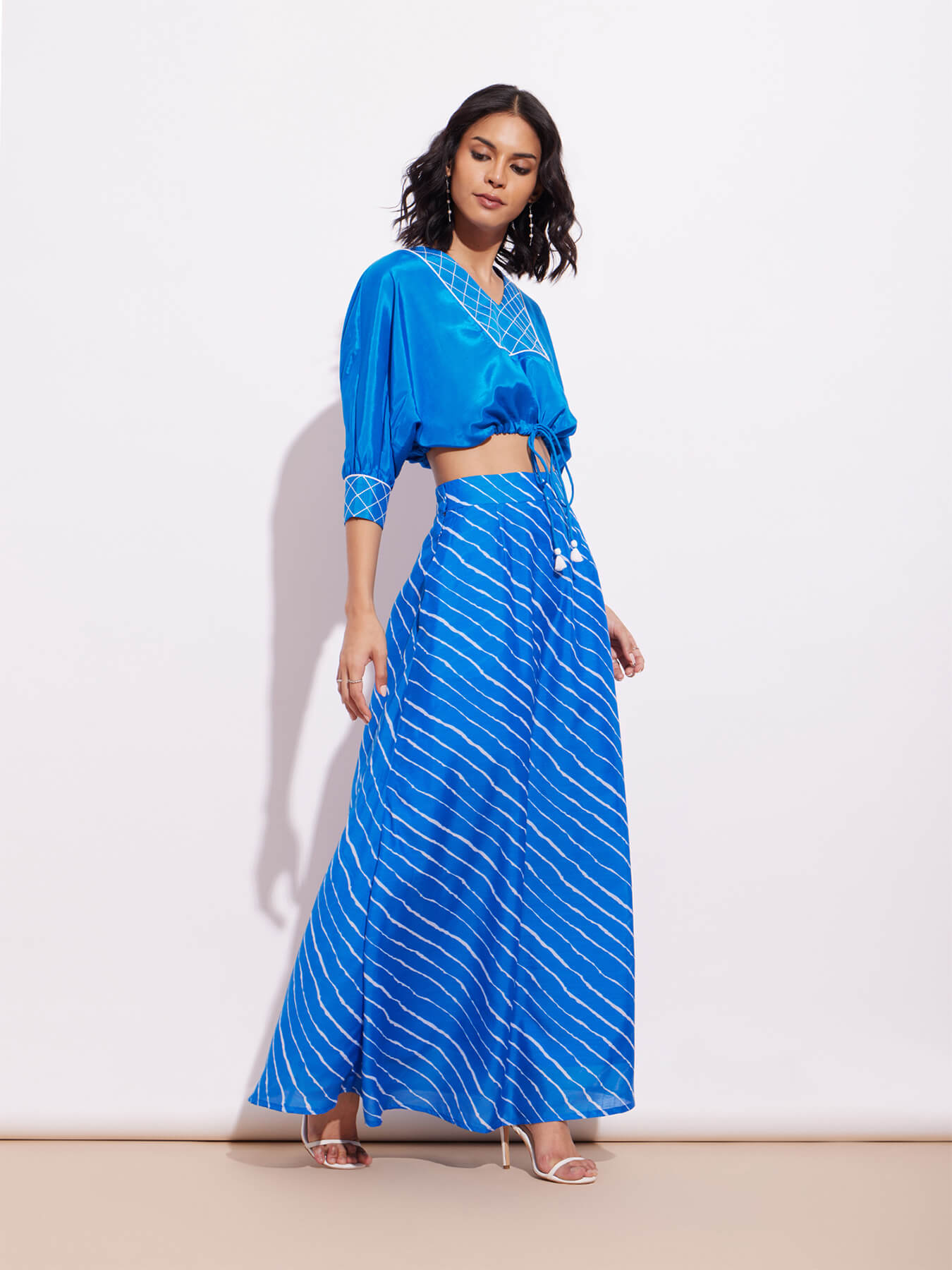 Viscose Blouse And Chanderi Leheriya Skirt Set - Blue