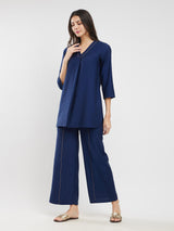 Silk Blend Solid Co-ord Set - Navy Blue