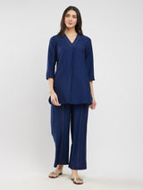 Silk Blend Solid Co-ord Set - Navy Blue