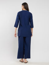 Silk Blend Solid Co-ord Set - Navy Blue
