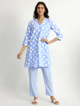 Rayon Polka Pleated Co-ord Set - Blue