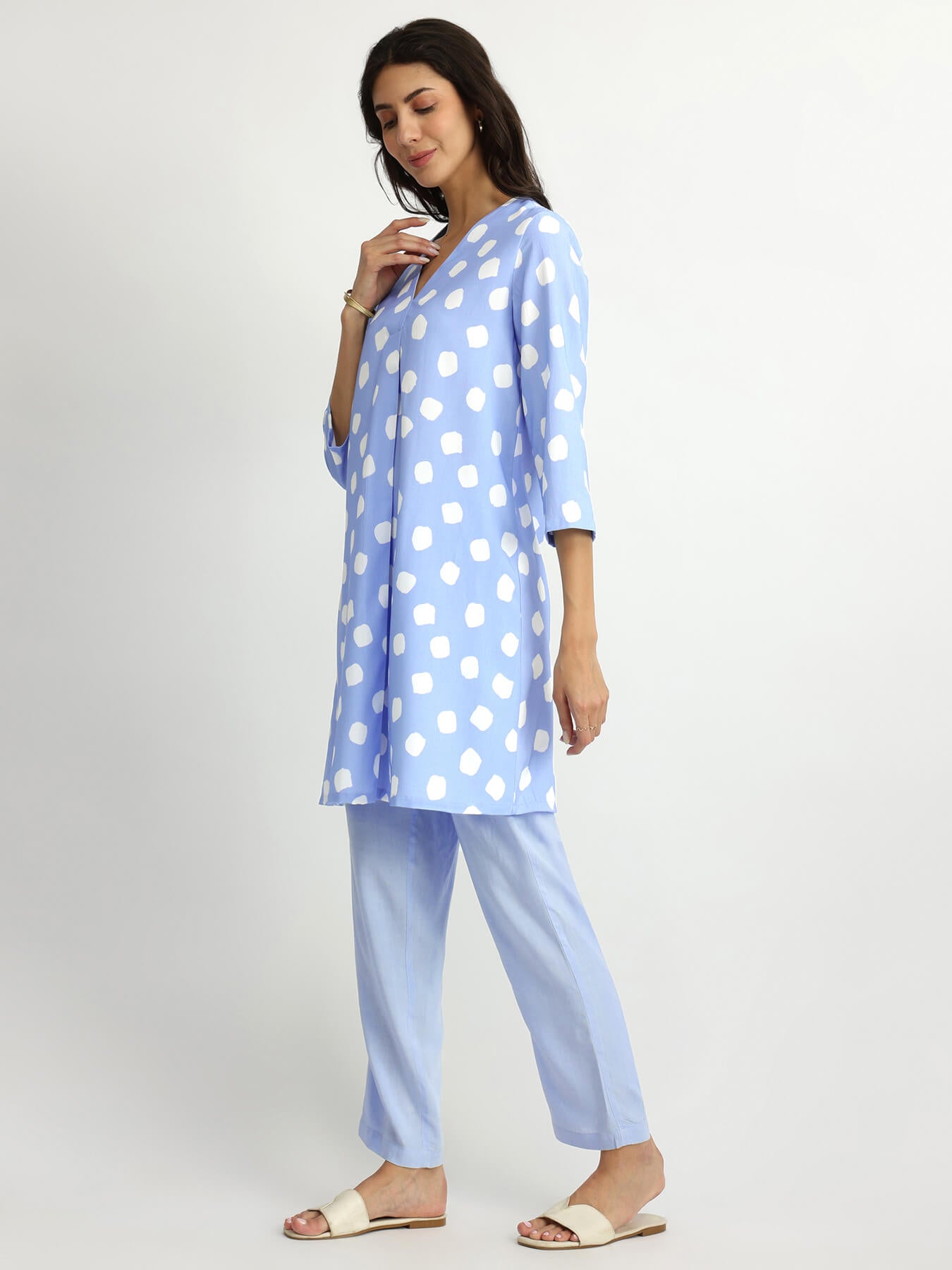 Rayon Polka Pleated Co-ord Set - Blue