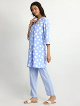 Rayon Polka Pleated Co-ord Set - Blue