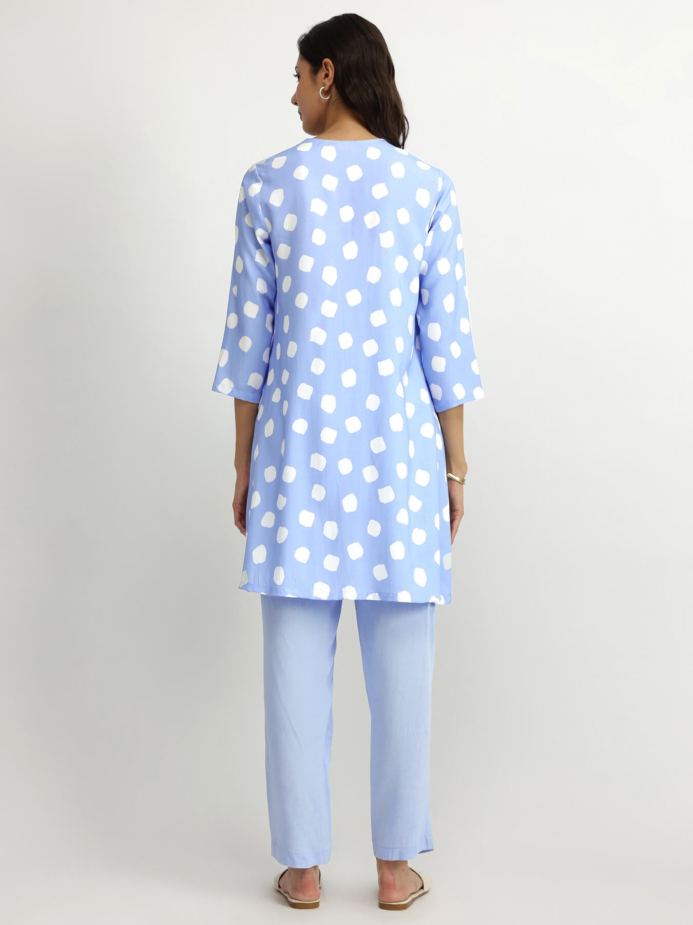 Rayon Polka Pleated Co-ord Set - Blue