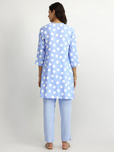 Rayon Polka Pleated Co-ord Set - Blue