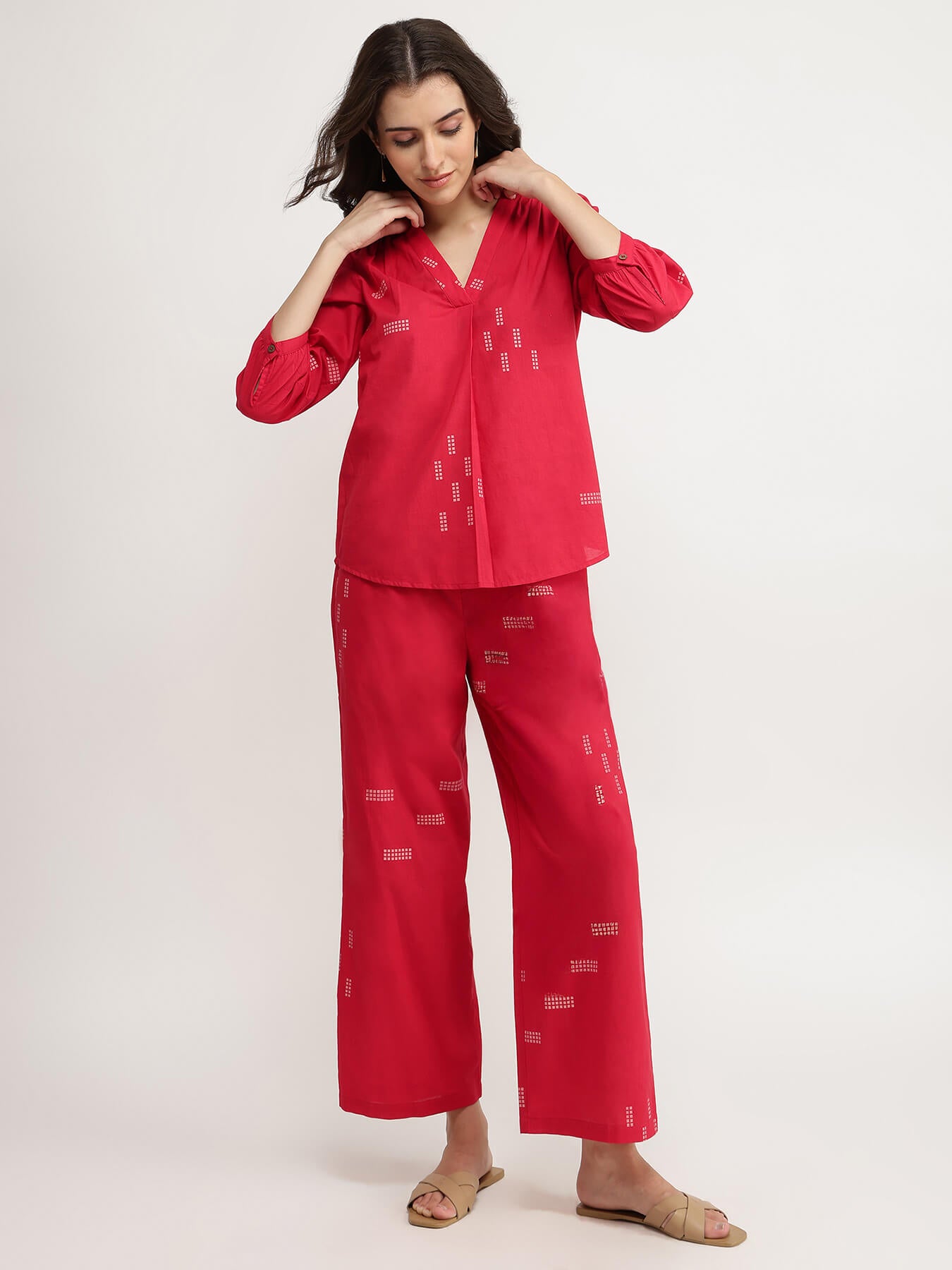 Cotton Geometric Print Co-ord Set - Red