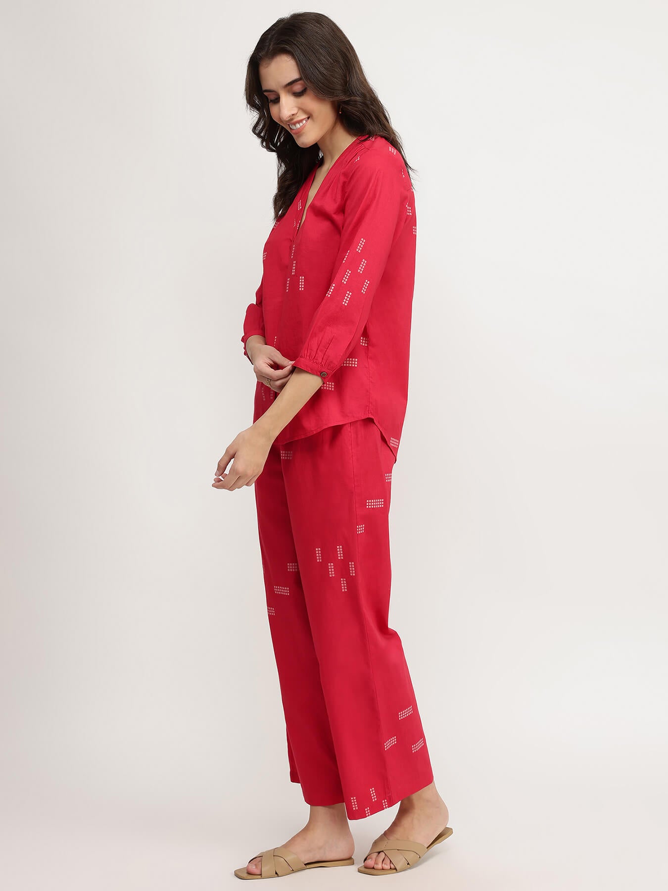 Cotton Geometric Print Co-ord Set - Red