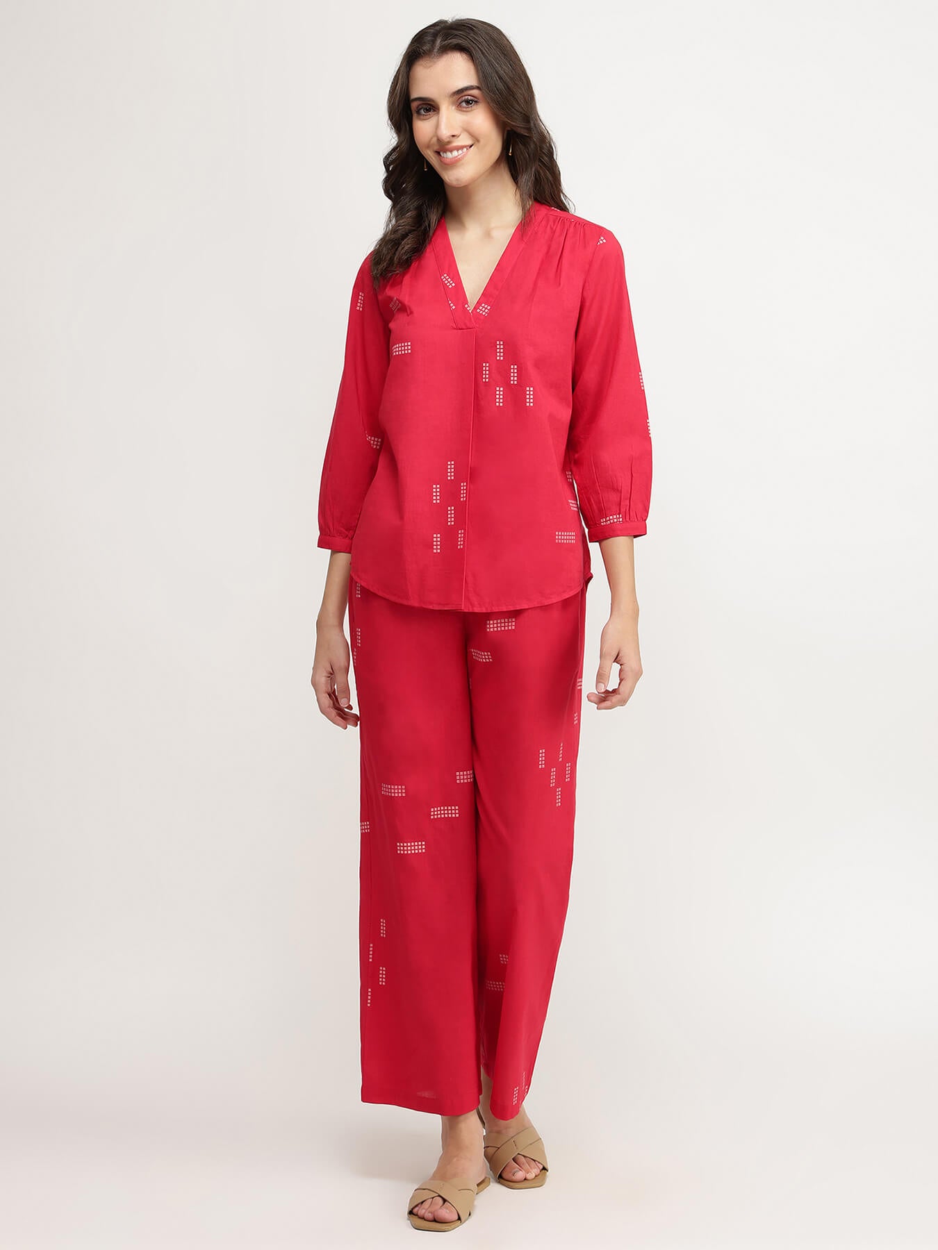 Cotton Geometric Print Co-ord Set - Red