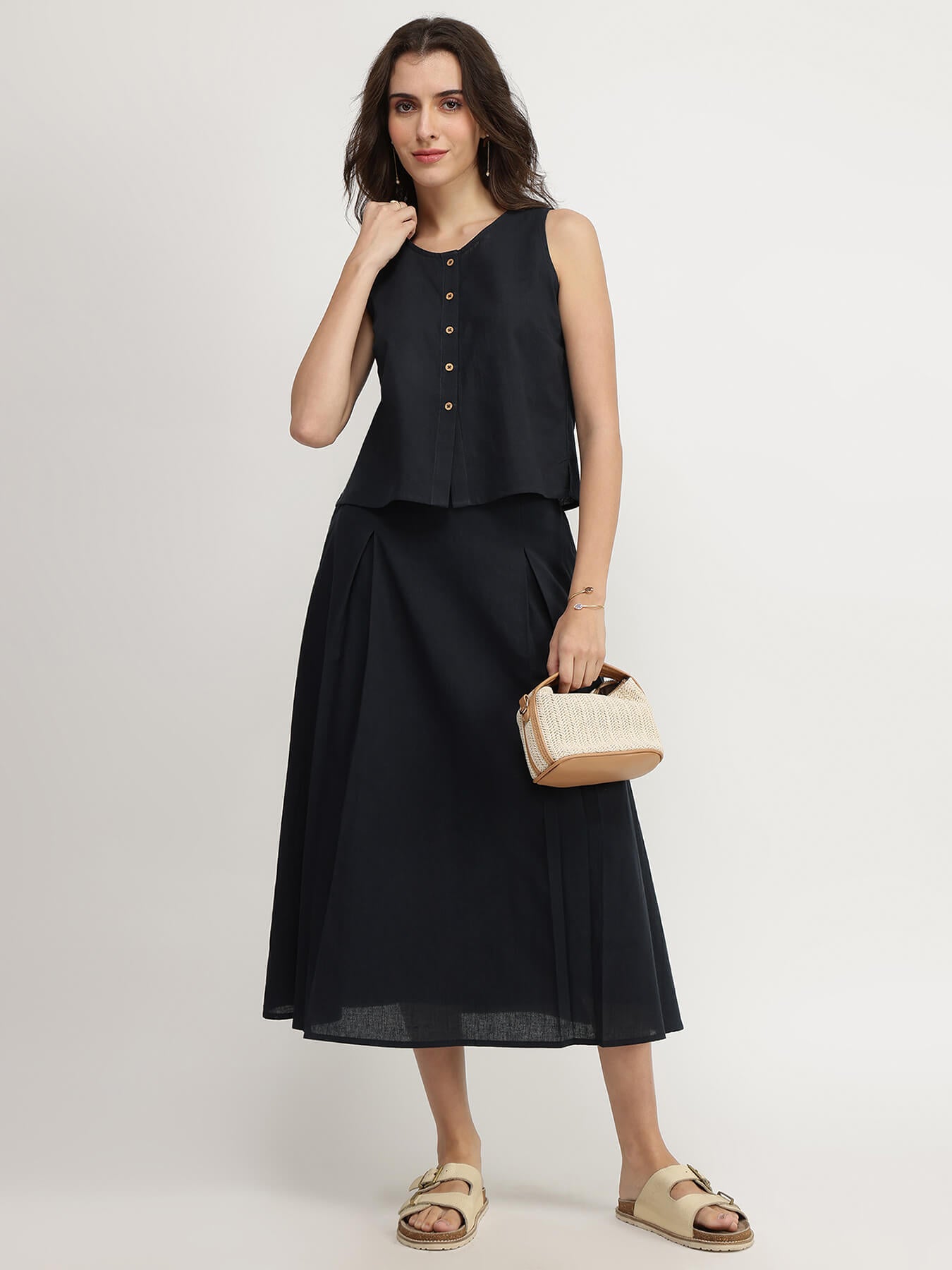 Linen Blend Solid Skirt Set - Black