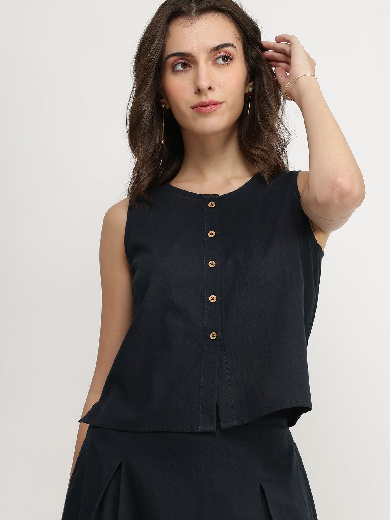 Linen Blend Solid Skirt Set - Black